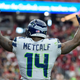 Wide receiver D.K. Metcalf #14 of the Seattle Seahawks celebrates a touchdown that was scored in the second half of the NFL game against the Arizona Cardinals at State Farm Stadium on September 29, 2019 in Glendale, Arizona.